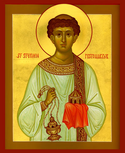 Stephen, the first Deacon and first Martyr in Christendom. The apostles' laying of hands on Stephen and his brothers became the outward and visible sign of the sacrament of ordination. (artist unknown)