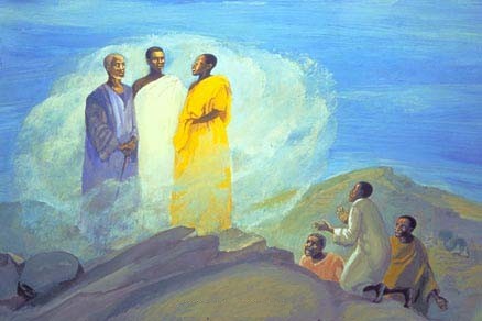 Jesus Mafa: Transfiguration. Peter, James and John went with Jesus to the top of a mountain, where Moses and Elijah appeared to him in the glory of the heavenly light. The three disciples were dazzled out of their senses, but Peter did keep it together long enough to suggest that he build booths or tents for the dignitaries. 