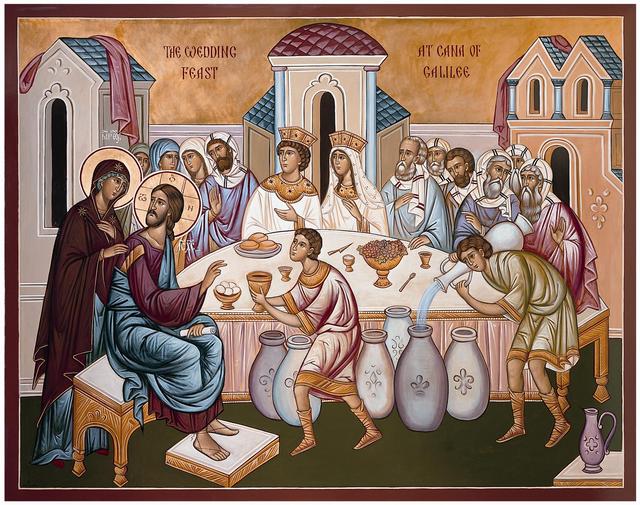 The Wedding at Cana was a lively scene, especially as the wine kept flowing. "Saving the best for last" is what God did in sending his Son to Israel. (iconographer unknown)