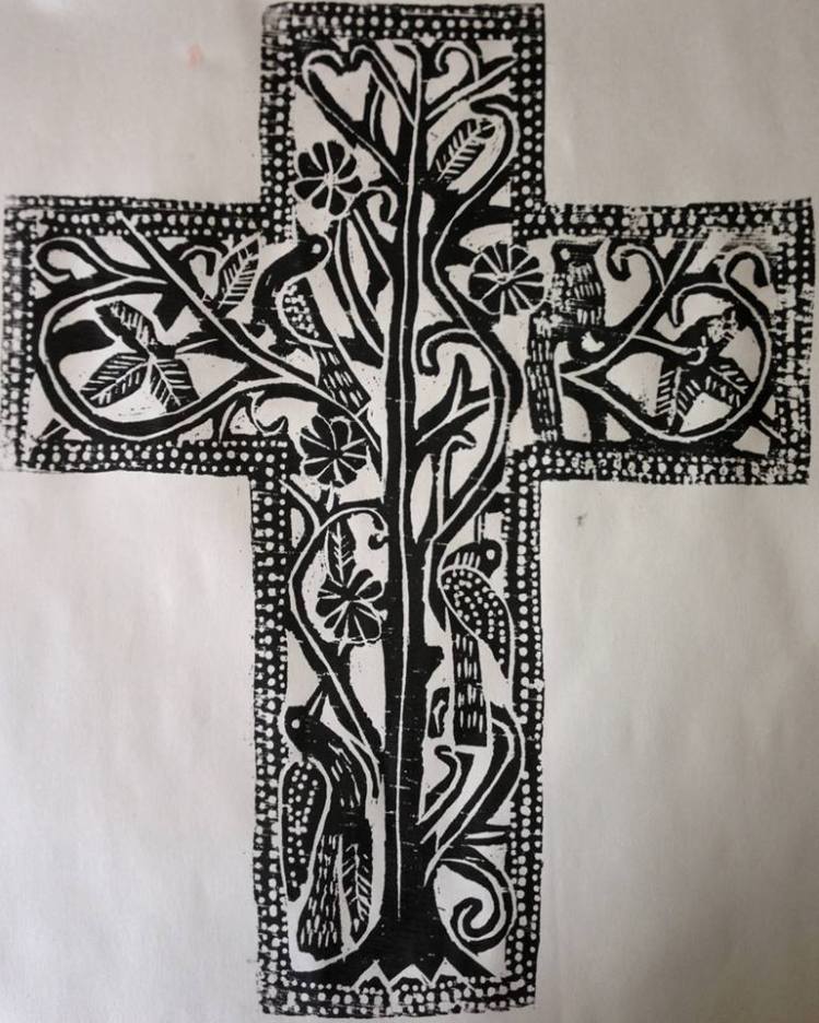 Block print of the Cross as a tree and birds, by the Rev. Mark Harris, based on ironwork he saw during a mission to Haiti. 