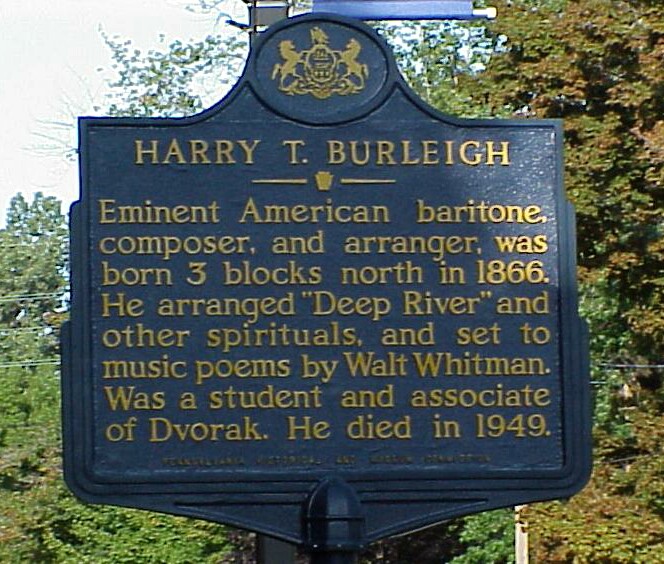 Historical marker in Erie, Pennsylvania, USA, Burleigh's birthplace and burial place. To support himself while studying at the National Conservatory of Music, he became the first black choirmember and baritone soloist at St. George's, New York City, which raised opposition in the parish until the financier J.P. Morgan threw his weight behind him. Burleigh stayed at St. George's for many years and became a beloved member of the congregation. (findagrave.com)