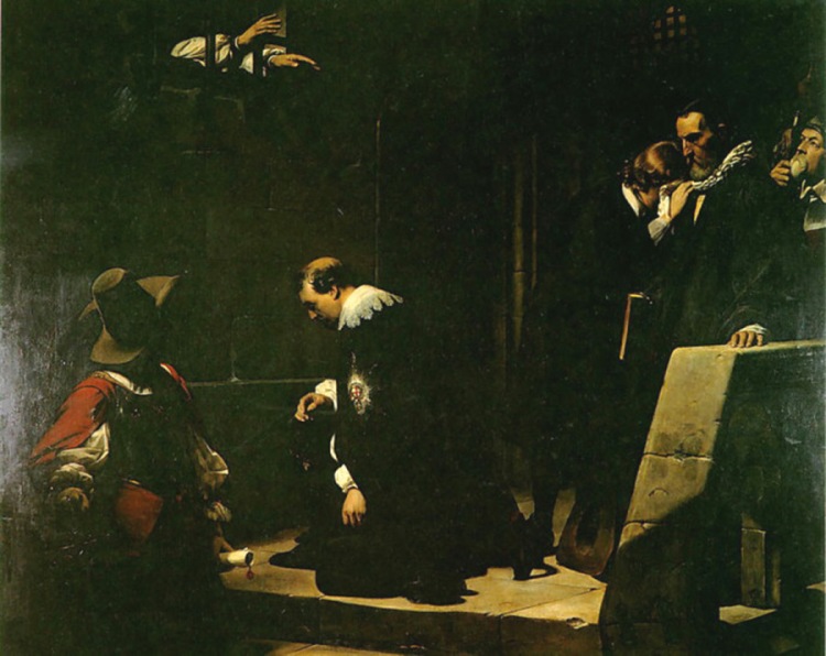 Paul de la Roche, 1836: Archbishop Laud Blessing the Earl of Strafford. Strafford was a close advisor to King Charles I, condemned to death by the Puritans who controlled Parliament. All three of them would eventually suffer the same fate. The English Civil War was both a secular and a religious struggle; how Protestant or Catholic England would be, whether freedom or uniformity was more important for the survival of the state, and who got to decide, Parliament or the King? Cromwell and Parliament won the war, but couldn't maintain a government after Cromwell's death.