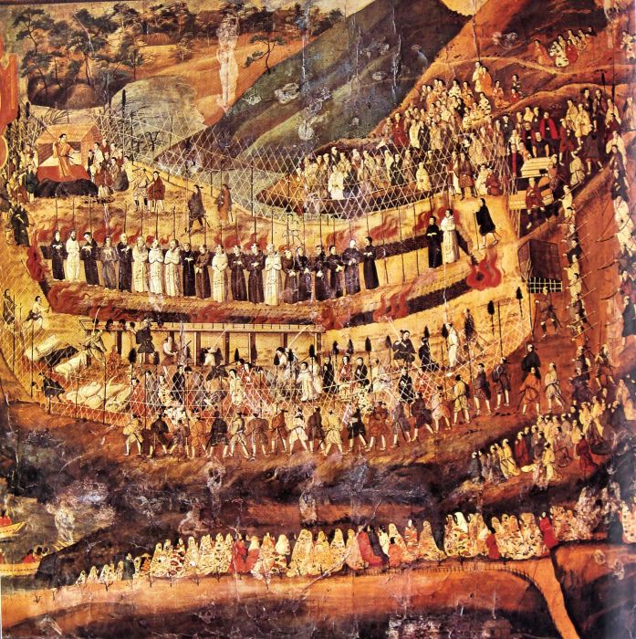 The 26 Martyrs of Nagasaki, Japan, a 17th century painting by an unknown Japanese artist. The first group of Japanese martyrs in 1597 were Jesuits, led by Francis Xavier, and Franciscans, whose missionary efforts obtained about 300,000 believers before the shoguns began to crush the Japanese Church; other martyrdoms followed. The two Roman Catholic orders rivaled each other for dominance, and the authorities came to believe that Europeans sent missionaries as a prelude to military control, citing events in the Philippines as an example. The Church was mostly extinguished, but a remnant of the faithful remained and were discovered 250 years later, though they had no priests or Scriptures. 