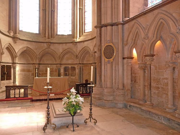 Bishop Grosseteste's chapel and tomb at Lincoln Cathedral. He was a man of enormous learning; a philosopher and theologian, mathematician and physicist whose findings presaged those of Roger Bacon. In his church work he instituted a system of visitations of all his deaneries and monasteries, which put him in conflict with the monastic Chapter of the cathedral, who thought they should run it, not the bishop. By the time it was done he'd suspended the dean, subdean and precentor. He also had somewhat stormy relationship with Pope Innocent IV, whose financial exactions he strenuously resisted - including a demand that Grosseteste pay so the pope's nephew could set up housekeeping. When Grosseteste died he was universally mourned among the English, but the pope made sure he didn't get canonized. (Wikipedia)