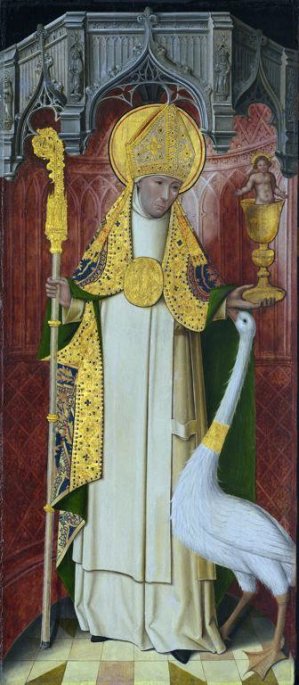 St. Hugh with a swan. The swan was said to be so devoted to him it would follow him about and protect him, even while he slept, though it would attack anyone who tried to hurt him. (Art Institute of Chicago)