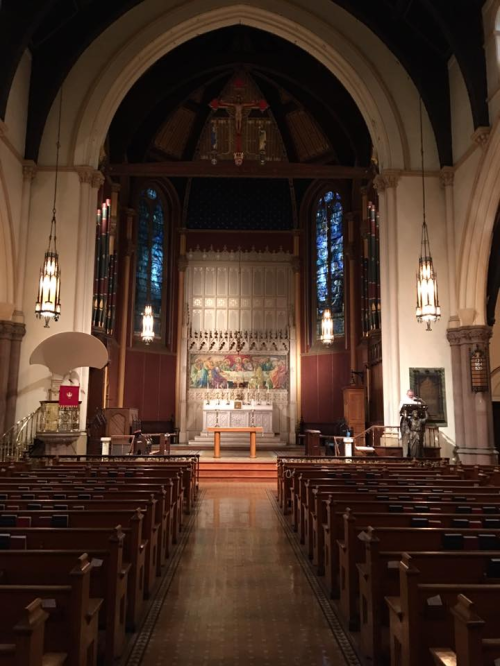 The lovely interior of Christ Church, Rochester, New York - where our Vicar is glad not to have to preach under that sounding board. (parish photo)